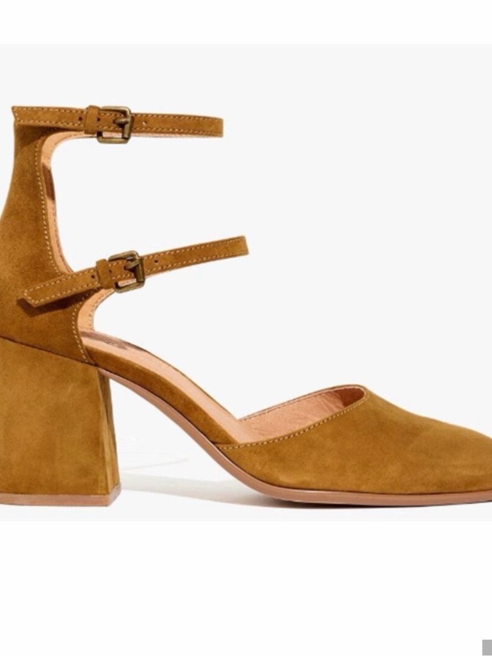 Madewell Suede Ankle-Strap Block Heel Pump in Mustard Brown